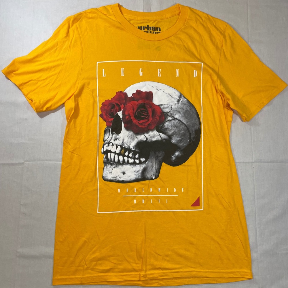 Urban Pipeline Mens Small Yellow Skull Rose Graphic Legend T-Shirt Short Sleeve
